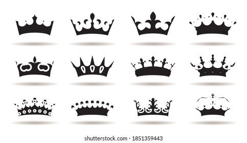 Set of vector king crowns on white background. Vector Illustration. Emblem, icon and Royal symbols.