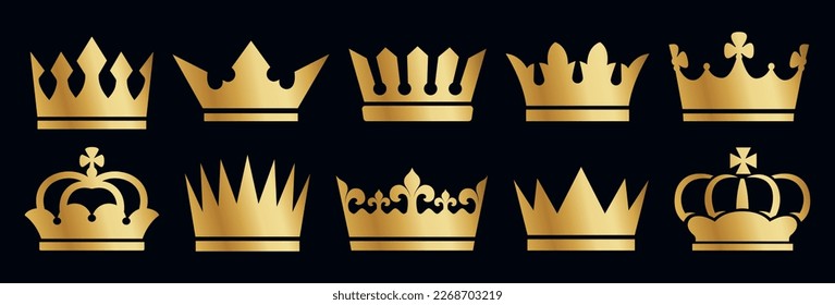 Set of vector king and queen crowns black icon on white background. Vector Illustration. Emblem and Royal symbols.