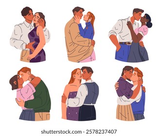 Set of vector kissing couple. People pair kiss. Man and woman, pregnant wife and husband. Multicultural affection and teenager passion. Unity and togetherness, tenderness and bonding relationship.