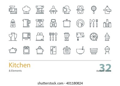 Set of vector kitchen and cooking outline icons.