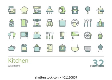 Set of vector kitchen and cooking outline icons. Colorful.