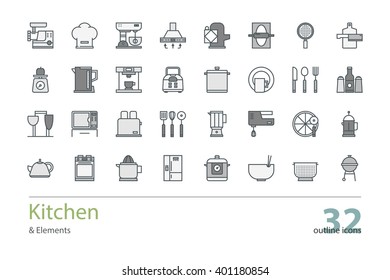 Set of vector kitchen and cooking outline icons. Colorless.