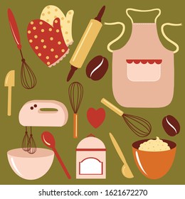 Set of vector kitchen equipment on a shelf isolated on a white background.  Kitchen tools objects large collection.  Bright flat cartoon style design.  household illustration. Hand drawn illustratio