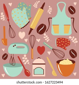 Set of vector kitchen equipment on a shelf isolated on a white background. Kitchen tools objects large collection. Bright flat cartoon style design. household illustration. Hand drawn illustration 