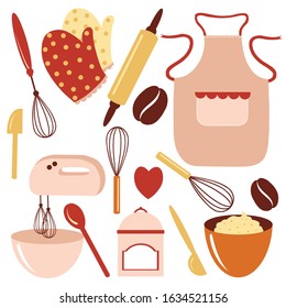 Set of vector kitchen equipment on a shelf isolated on a white background. Kitchen tools objects large collection. Bright flat cartoon style design. household illustration. Hand drawn illustration
