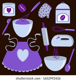 Set of vector kitchen equipment on a shelf isolated on a white background. Kitchen tools objects large collection. Bright flat cartoon style design. household illustration. Hand drawn illustration