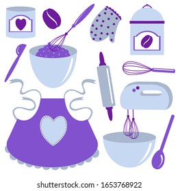 Set of vector kitchen equipment on a shelf isolated on a white background. Kitchen tools objects large collection. Bright flat cartoon style design. household illustration. Hand drawn illustration