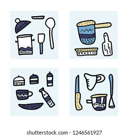 Set of vector kitchen equipments in doodle style. Collection of kitchen dishes and tools objects isolated on white background.