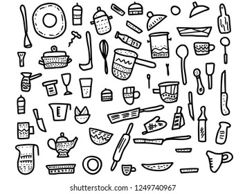 Set of vector kitchen equipments in doodle style. Collection of kitchen dishes and tools objects isolated on white background.