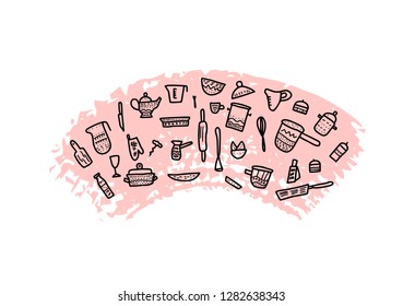 Set of vector kitchen equipments in doodle style. Collection of kitchen dishes and tools objects isolated on white background.
