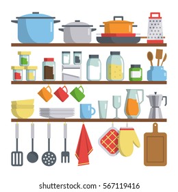 Set of vector kitchen equipments on shelf isolated on white background. kitchen tools objects big collection. bright flat design cartoon style. household illustration. 