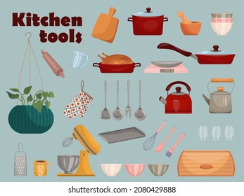 Set of vector kitchen equipments. Kitchen tools objects. Kitchen utensil design elements set. Vector illustration in cartoon style