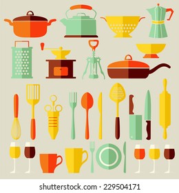 Set vector kitchen icons, flat style