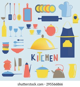 Set of vector kitchen icons. Kitchen utensil and collection of cookware cooking tools and kitchenware.