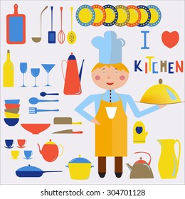 Set of vector kitchen icons. Kitchen utensil and collection of cookware cooking tools and kitchenware.