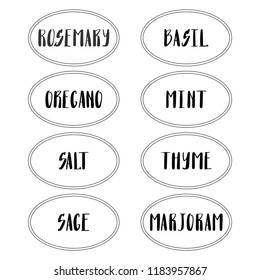 Set of vector kitchen oval shape labels. Stickers with names of herbs and spices for kitchen jars or containers. Hand drawn elements for your design. Graphic illustration