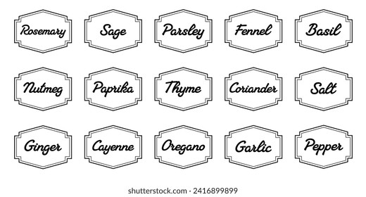 Set of vector kitchen sticker, spice pepper label, herb tag, spicy emblem, paper, salt, ginger, thyme, sugar, jar label