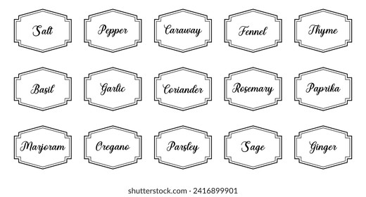 Set of vector kitchen sticker, spice pepper label, herb tag, spicy emblem, paper, salt, ginger, thyme, sugar, jar label