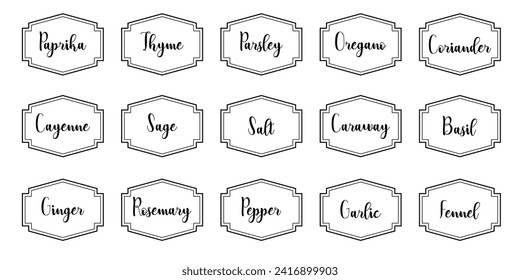 Set of vector kitchen sticker, spice pepper label, herb tag, spicy emblem, paper, salt, ginger, thyme, sugar, jar label