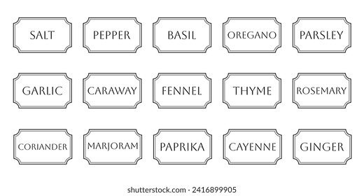 Set of vector kitchen sticker, spice pepper label, herb tag, spicy emblem, paper, salt, ginger, thyme, sugar, jar label