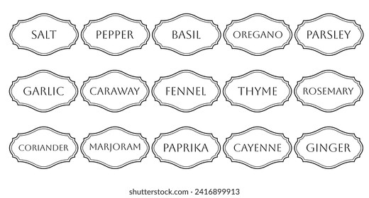 Set of vector kitchen sticker, spice pepper label, herb tag, spicy emblem, paper, salt, ginger, thyme, sugar, jar label