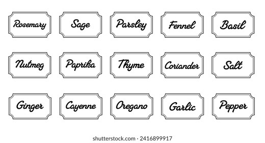 Set of vector kitchen sticker, spice pepper label, herb tag, spicy emblem, paper, salt, ginger, thyme, sugar, jar label