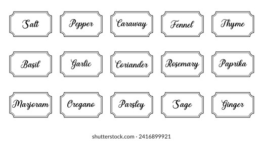 Set of vector kitchen sticker, spice pepper label, herb tag, spicy emblem, paper, salt, ginger, thyme, sugar, jar label