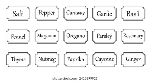 Set of vector kitchen sticker, spice pepper label, herb tag, spicy emblem, paper, salt, ginger, thyme, sugar, jar label