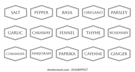 Set of vector kitchen sticker, spice pepper label, herb tag, spicy emblem, paper, salt, ginger, thyme, sugar, jar label