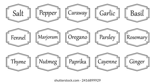 Set of vector kitchen sticker, spice pepper label, herb tag, spicy emblem, paper, salt, ginger, thyme, sugar, jar label