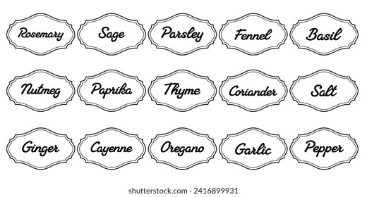 Set of vector kitchen sticker, spice pepper label, herb tag, spicy emblem, paper, salt, ginger, thyme, sugar, jar label