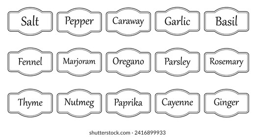 Set of vector kitchen sticker, spice pepper label, herb tag, spicy emblem, paper, salt, ginger, thyme, sugar, jar label