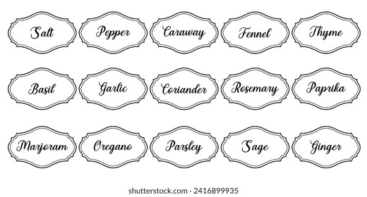 Set of vector kitchen sticker, spice pepper label, herb tag, spicy emblem, paper, salt, ginger, thyme, sugar, jar label