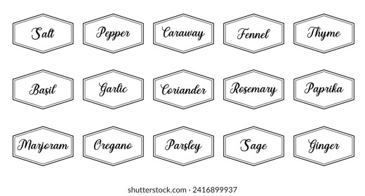 Set of vector kitchen sticker, spice pepper label, herb tag, spicy emblem, paper, salt, ginger, thyme, sugar, jar label