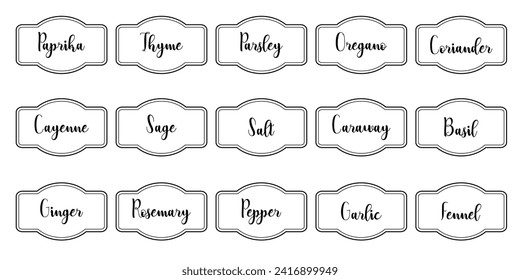 Set of vector kitchen sticker, spice pepper label, herb tag, spicy emblem, paper, salt, ginger, thyme, sugar, jar label