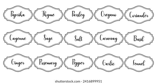 Set of vector kitchen sticker, spice pepper label, herb tag, spicy emblem, paper, salt, ginger, thyme, sugar, jar label