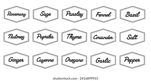 Set of vector kitchen sticker, spice pepper label, herb tag, spicy emblem, paper, salt, ginger, thyme, sugar, jar label