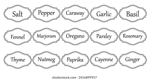 Set of vector kitchen sticker, spice pepper label, herb tag, spicy emblem, paper, salt, ginger, thyme, sugar, jar label