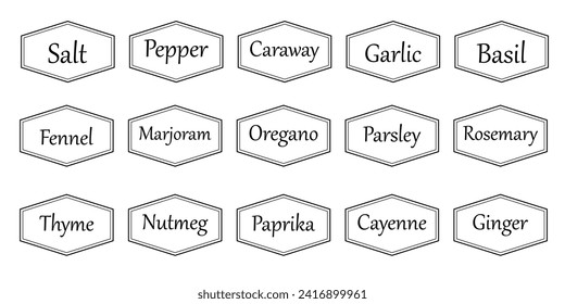 Set of vector kitchen sticker, spice pepper label, herb tag, spicy emblem, paper, salt, ginger, thyme, sugar, jar label