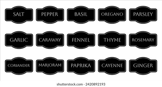 Set of vector kitchen sticker. Spice pepper label, herb tag, spicy emblem, paper, salt, ginger, thyme, sugar, jar label.