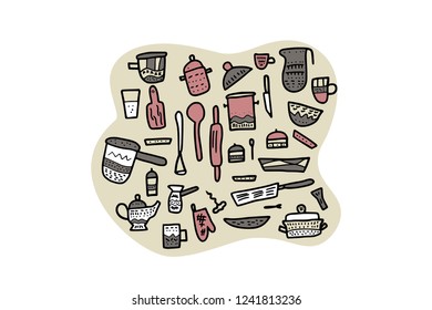 Set of vector kitchen tools in doodle style. Collection of kitchen dishes and equipments objects isolated on white background.