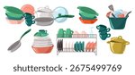 Set of vector kitchen utensils or crockery - plates, bowls, pot, cups, mugs and frying pan. Collection of cartoon flat tableware items isolated on white background.