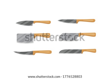 Set of vector knives for butcher shop. Kitchen knive and cutter. Utensils for cooking, kitchenware, and weapon knifes.