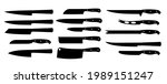 Set of vector knives isolated on white.  Kitchen knives black silhouettes. Sharp cooking knife set, stainless steel restaurant knifes for work and chef, prepared beef accessories