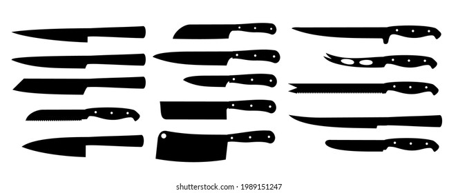 Set of vector knives isolated on white.  Kitchen knives black silhouettes. Sharp cooking knife set, stainless steel restaurant knifes for work and chef, prepared beef accessories