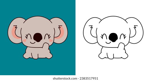 Set Vector Koala Multicolored and Black and White. Kawaii Clip Art Baby Animal. Cute Vector Illustration of a Kawaii Animal for Stickers, Baby Shower, Coloring Pages. 