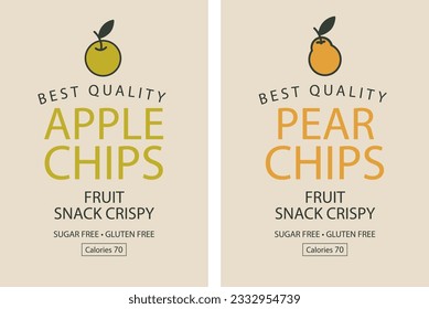 set vector label packaging for apple and pear chips with realistic drawing of apple