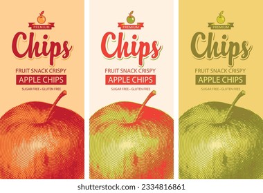 set vector label packaging for apple chips with realistic drawing of apple