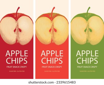 conjunto de etiquetas vectoriales para chips de manzana con dibujo realista de media manzana