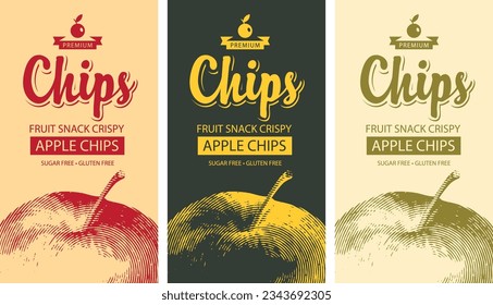 conjunto de etiquetas vectoriales para chips de manzana con dibujo realista de manzana